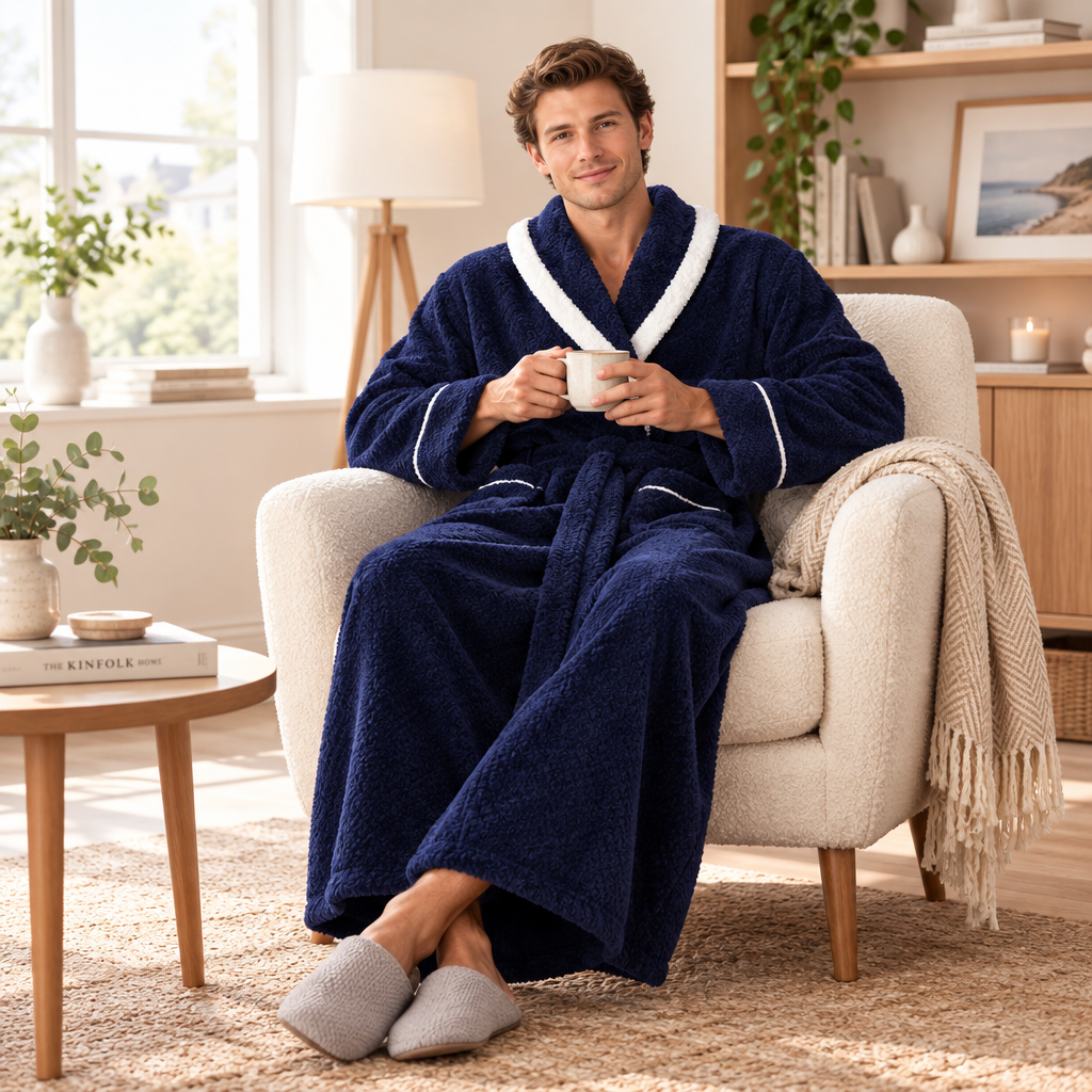 Men's Oversized Fleece Bathrobe - Coral Flannel Kimono Robe for Couples
