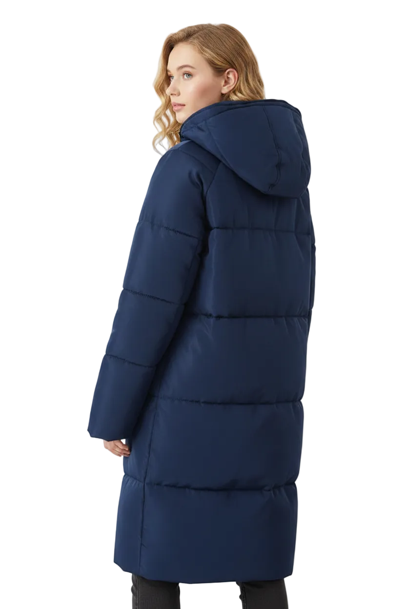 A woman wearing a long navy blue hooded puffer coat, shown from a side-back angle against a plain white background.