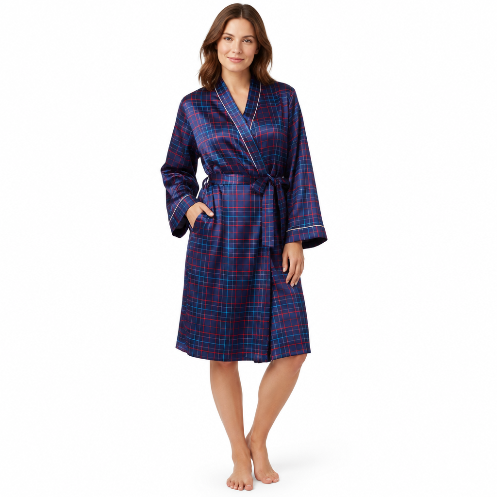 Womens Satin Kimono Bathrobe in Navy Red Check Design