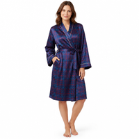 Womens Satin Kimono Bathrobe in Navy Red Check Design