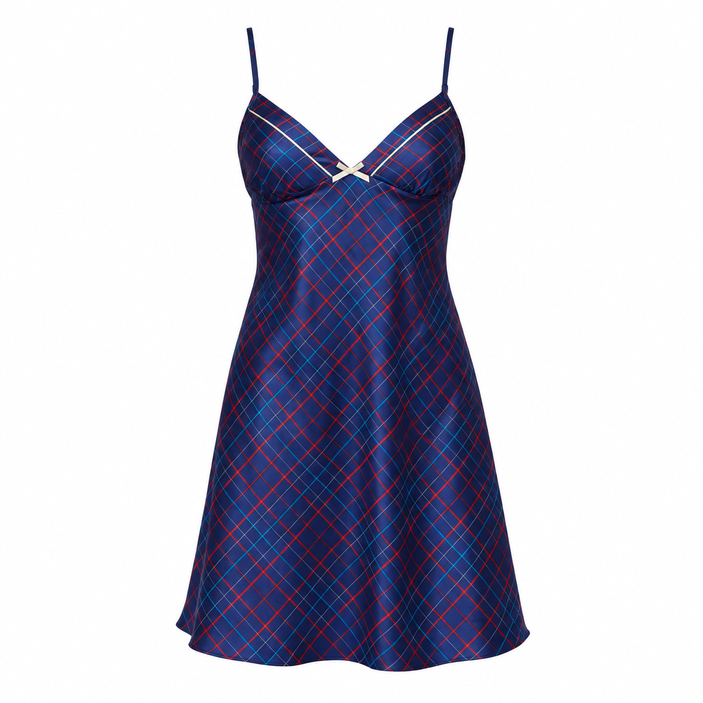 A satin slip dress with a blue, red, and navy tartan plaid pattern, featuring thin shoulder straps and a small silver bow at the center of the V-neckline, shown against a plain white background.