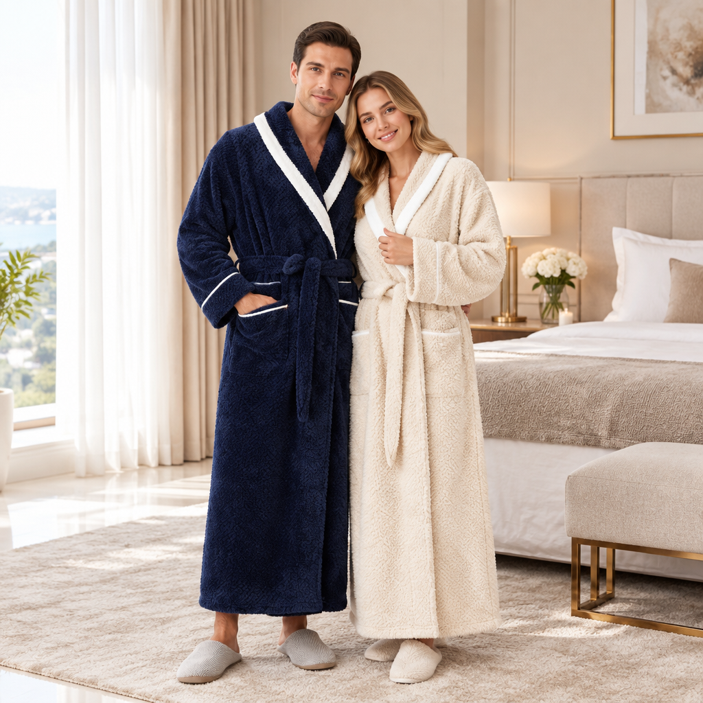 Men's Oversized Fleece Bathrobe - Coral Flannel Kimono Robe for Couples