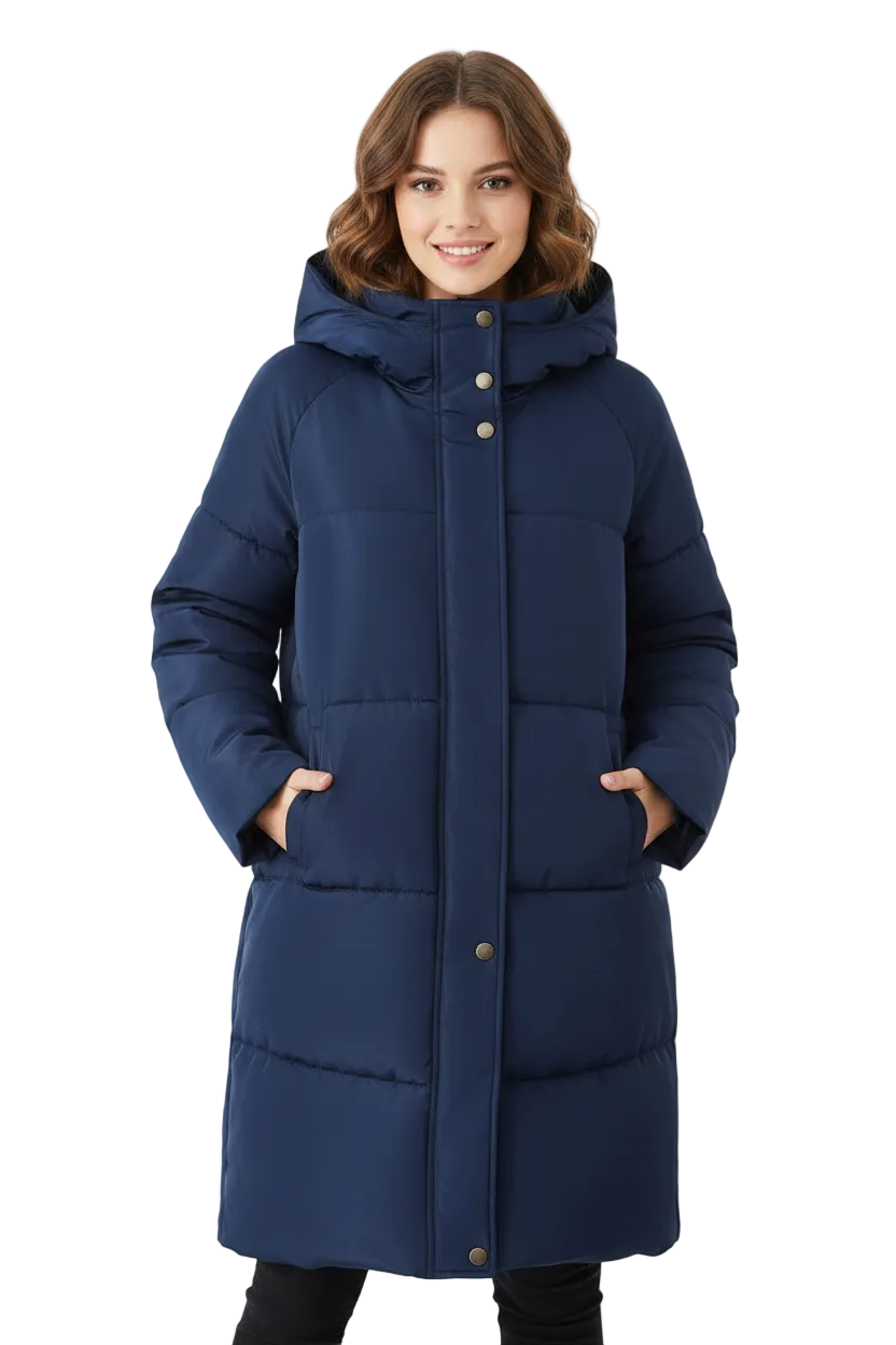 A woman wearing a long navy blue hooded puffer coat with front buttons and side pockets, photographed against a plain white studio background.