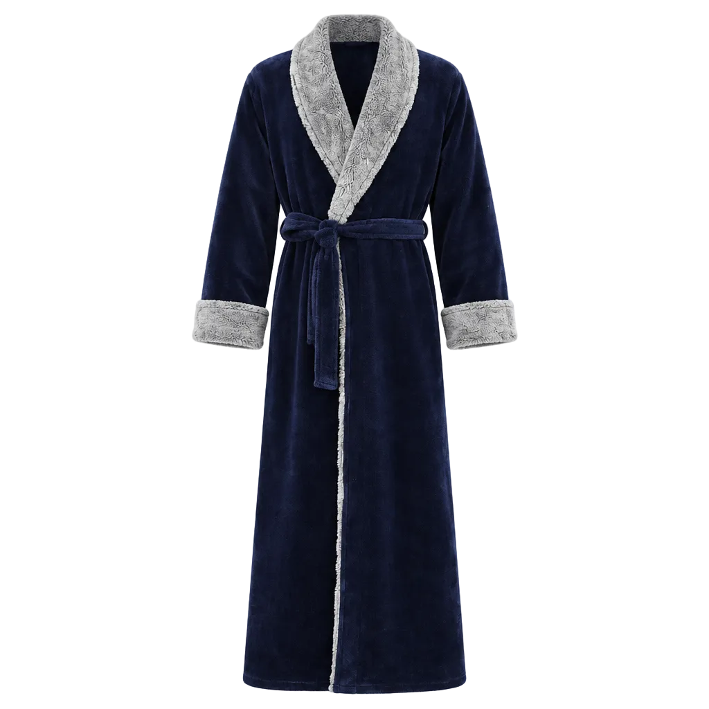 A long navy blue plush robe with a contrasting light gray fuzzy collar, cuffs, and front trim, featuring a matching waist tie belt.