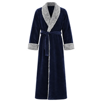 A long navy blue plush robe with a contrasting light gray fuzzy collar, cuffs, and front trim, featuring a matching waist tie belt.