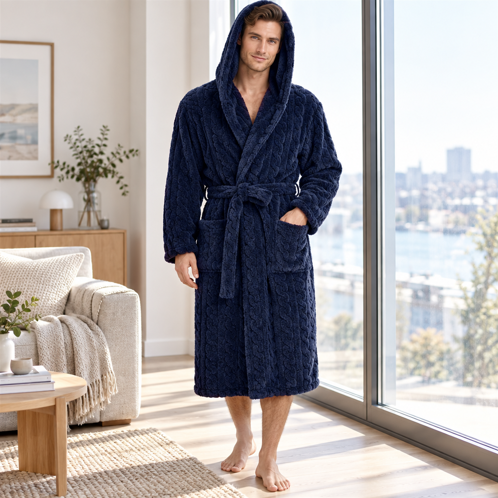 Jacquard Flannel Hooded Bathrobe for Men - Plush Coral Fleece Gown