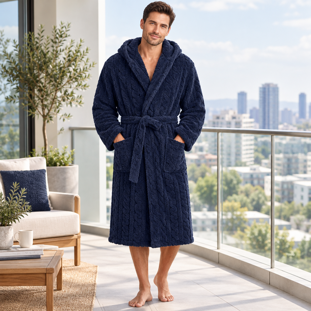 Jacquard Flannel Hooded Bathrobe for Men - Plush Coral Fleece Gown