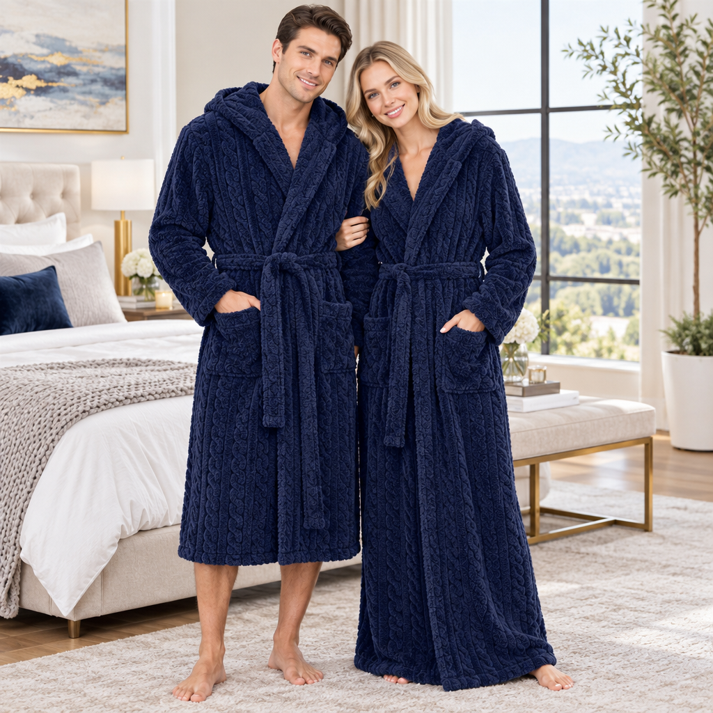 Jacquard Flannel Hooded Bathrobe for Men - Plush Coral Fleece Gown