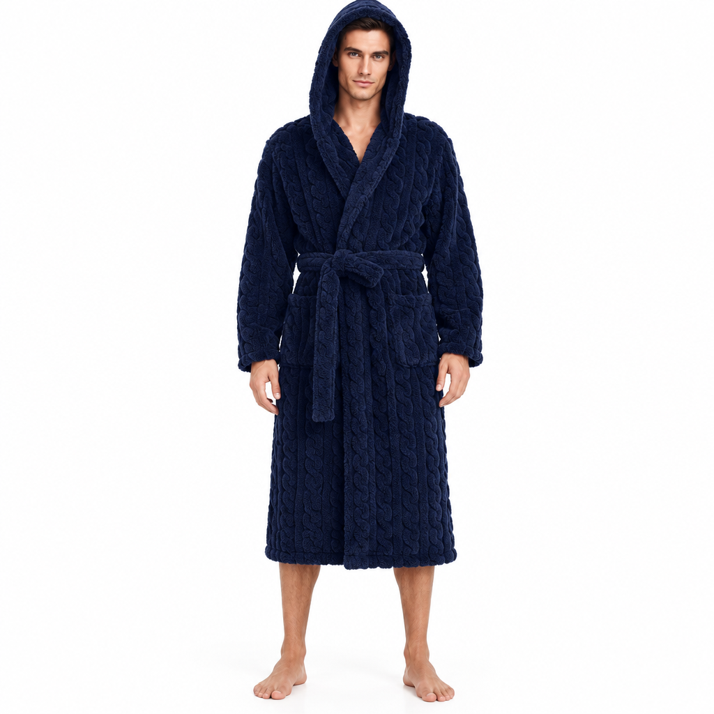 Jacquard Flannel Hooded Bathrobe for Men - Plush Coral Fleece Gown