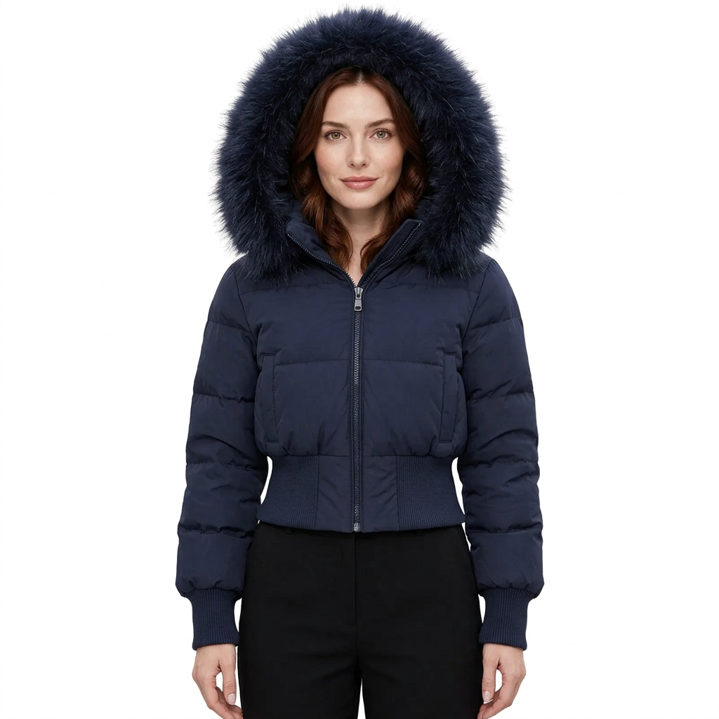 A woman wearing a cropped navy blue puffer jacket with a large dark navy faux-fur trimmed hood, paired with black pants, against a plain white background.