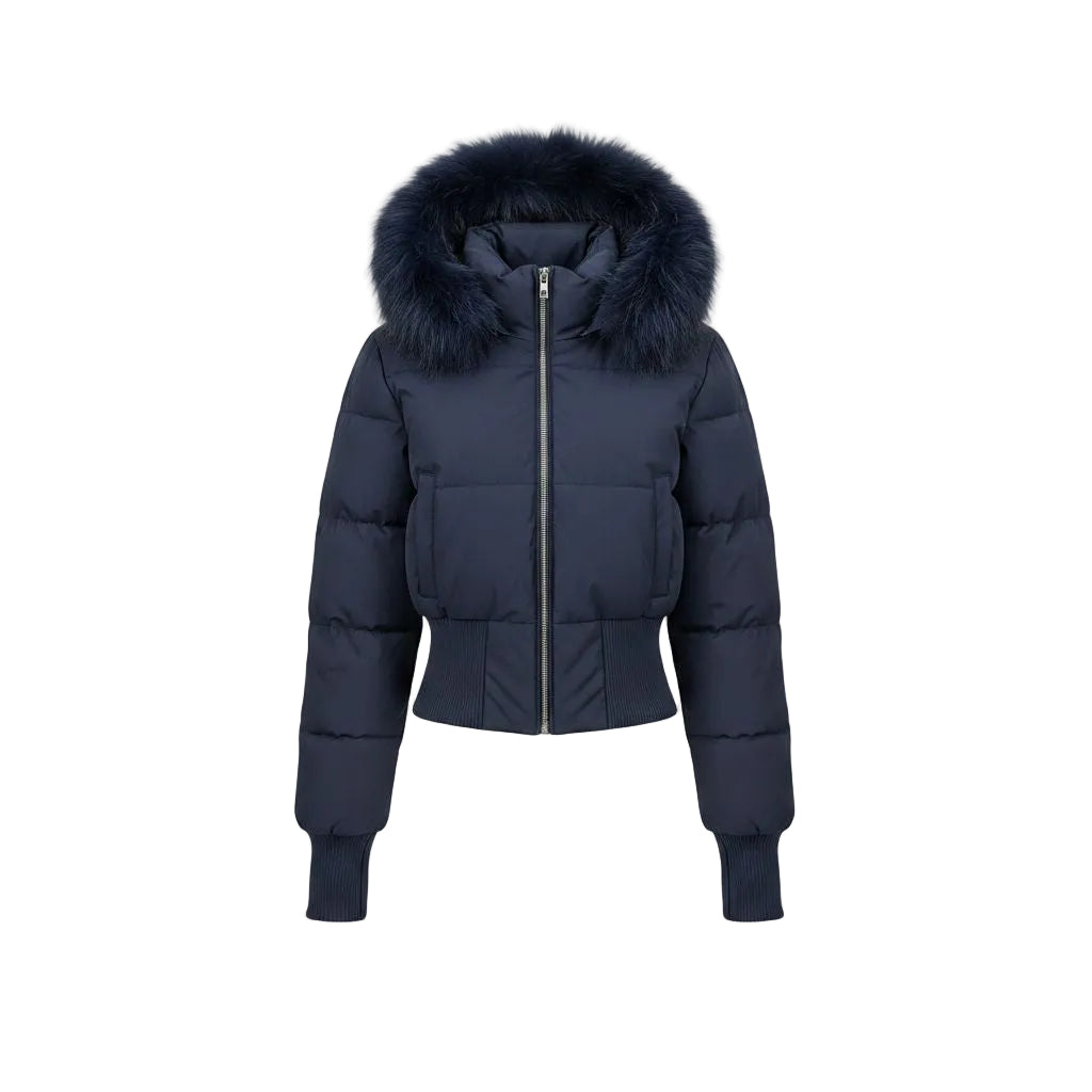 A navy blue puffer jacket with a large dark navy faux-fur trimmed hood, shown on a clean white background with a soft drop shadow.