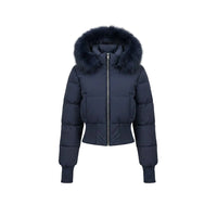 A navy blue puffer jacket with a large dark navy faux-fur trimmed hood, shown on a clean white background with a soft drop shadow.