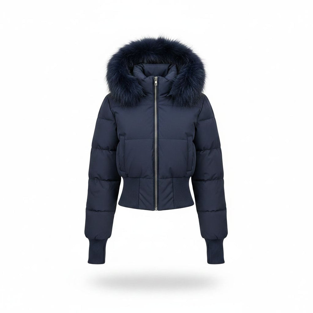 A navy blue puffer jacket with a large dark navy faux-fur trimmed hood, shown on a clean white background with a soft drop shadow.
