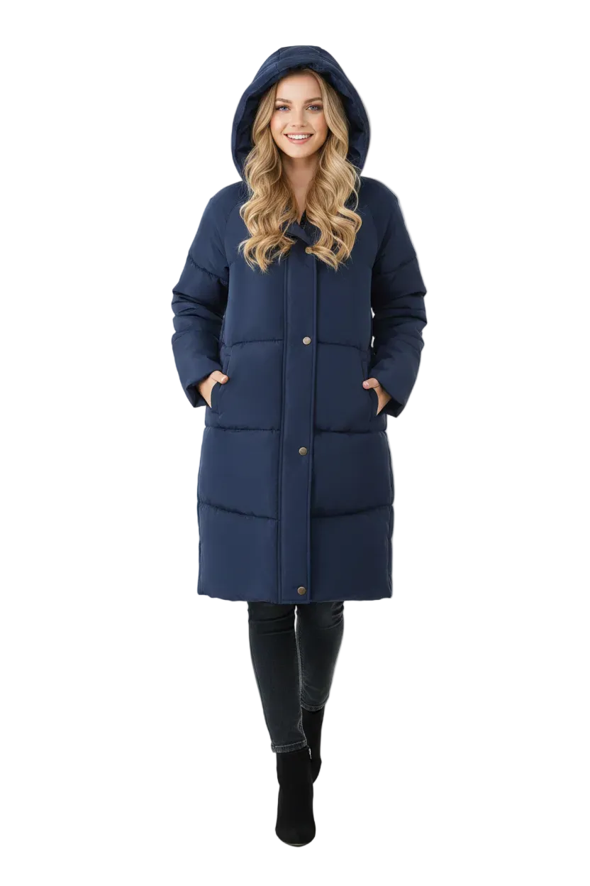 A woman modeling a long navy blue hooded puffer coat with front buttons, pockets, and horizontal quilting, photographed against a clean white studio background.