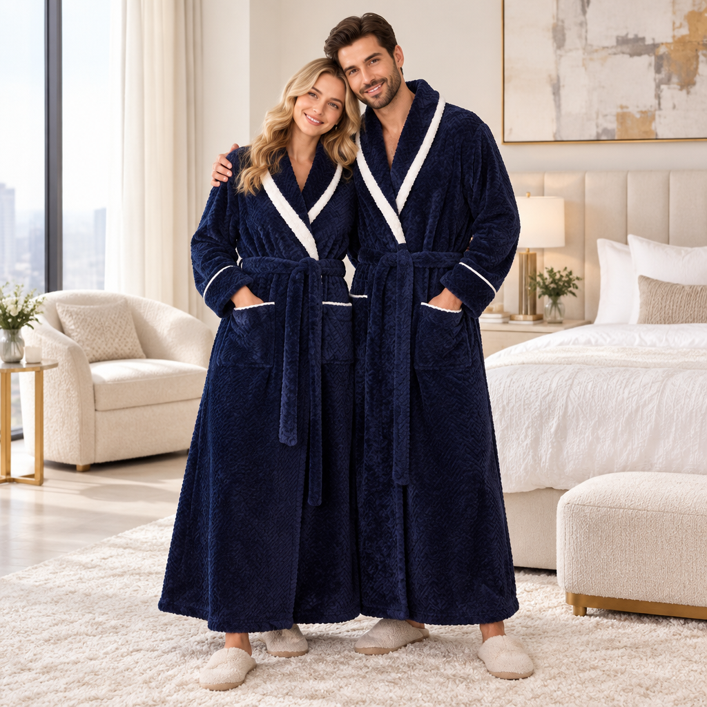 Men's Oversized Fleece Bathrobe - Coral Flannel Kimono Robe for Couples