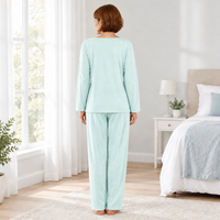 Women’s Brushed Pyjama Set with Floral Embroidery, Pink & Aqua