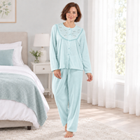 Women’s Brushed Pyjama Set with Floral Embroidery, Pink & Aqua