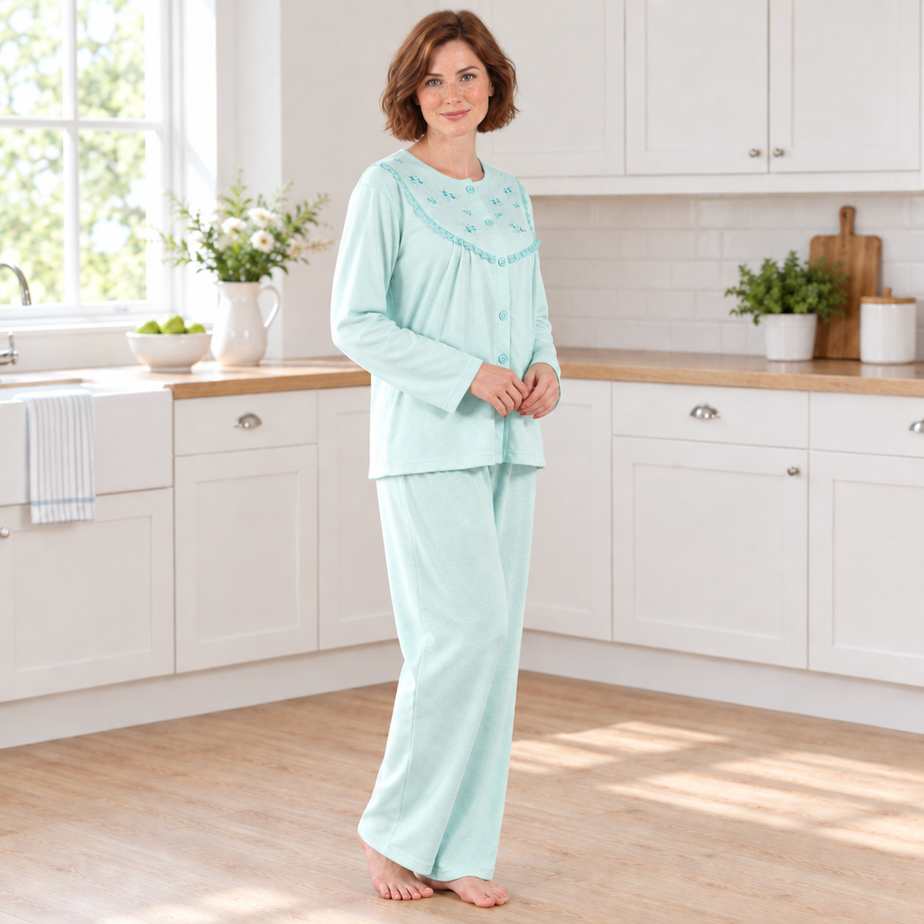 Women’s Brushed Pyjama Set with Floral Embroidery, Pink & Aqua