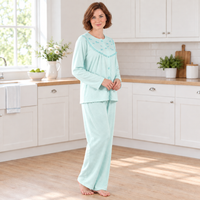 Women’s Brushed Pyjama Set with Floral Embroidery, Pink & Aqua