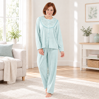 Women’s Brushed Pyjama Set with Floral Embroidery, Pink & Aqua