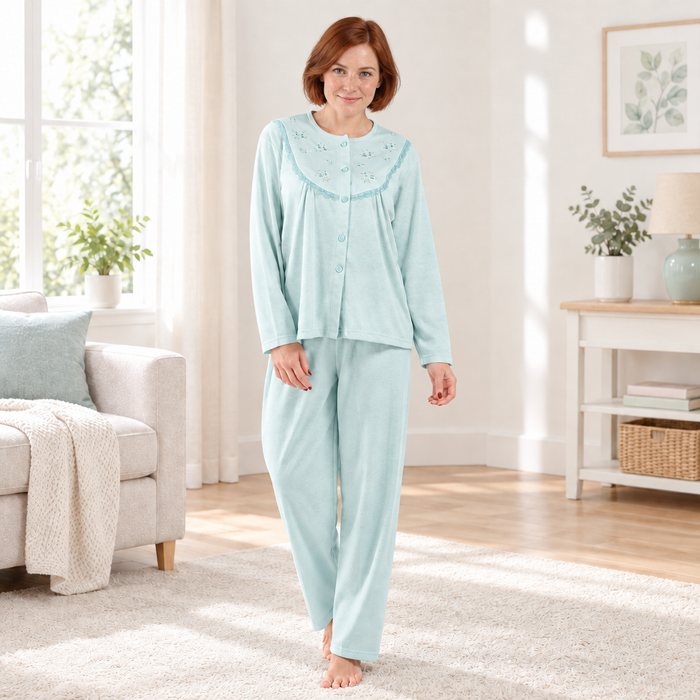 Women’s Brushed Pyjama Set with Floral Embroidery, Pink & Aqua