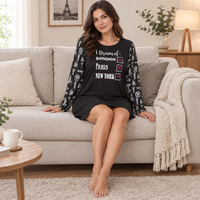 Camicia da notte da donna in jersey a maniche lunghe con stampa Nera e Avorio
