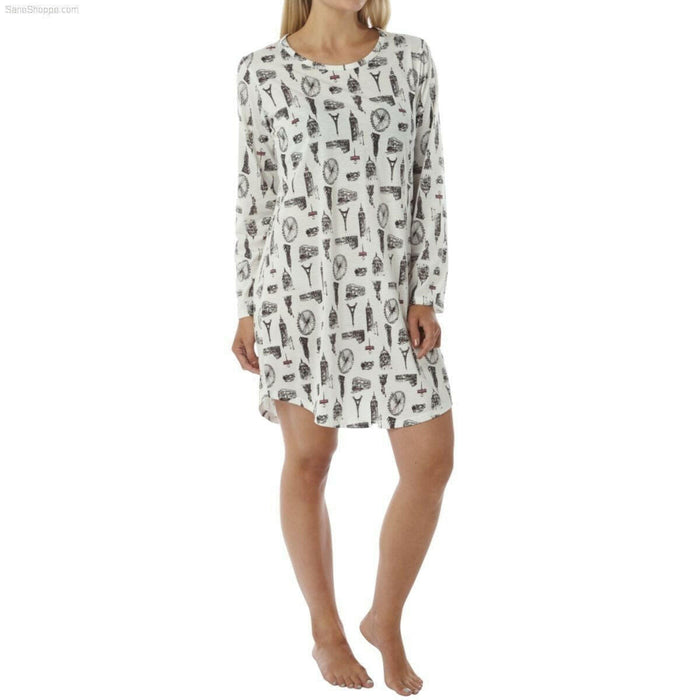 Women's Long Sleeve Jersey Nightshirt with Print Black and Ivory - SaneShoppe