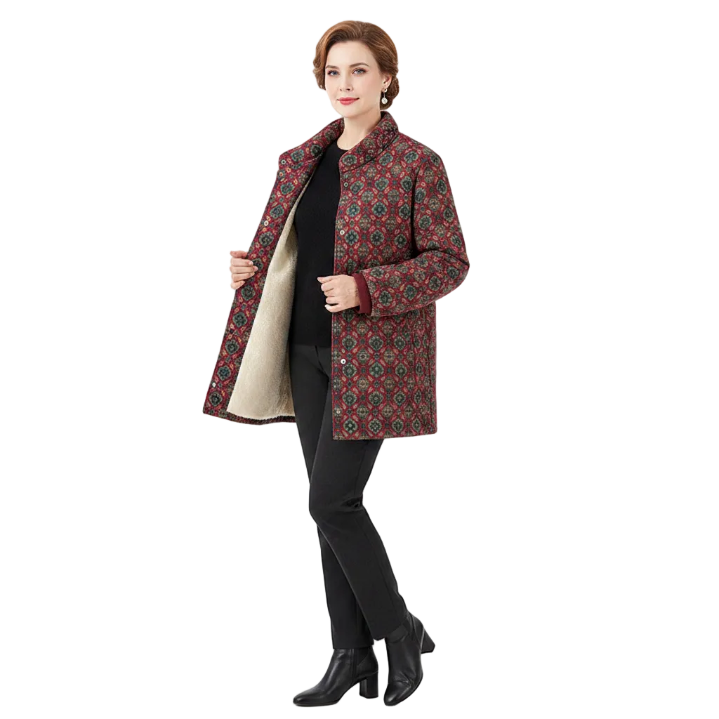 A woman modeling a patterned quilted winter coat with a beige lining, worn over a black top and black pants, against a plain white background.