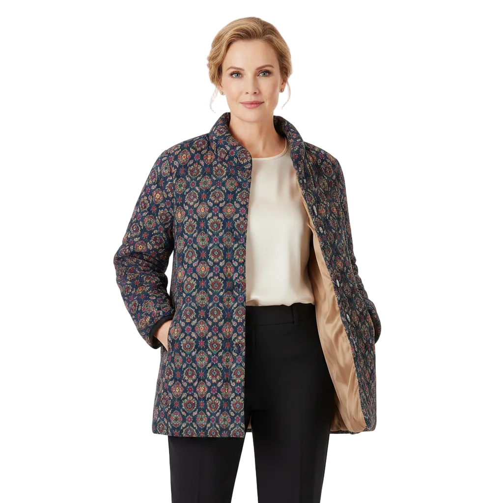 A woman modeling a patterned quilted coat with a beige lining, worn over a cream top and black pants, against a solid white background.