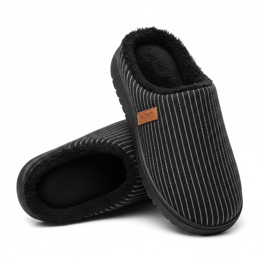 A pair of slip-on indoor slippers with a black and white pinstripe pattern, black plush fleece lining, and a small brown leather brand tag that reads HOME.