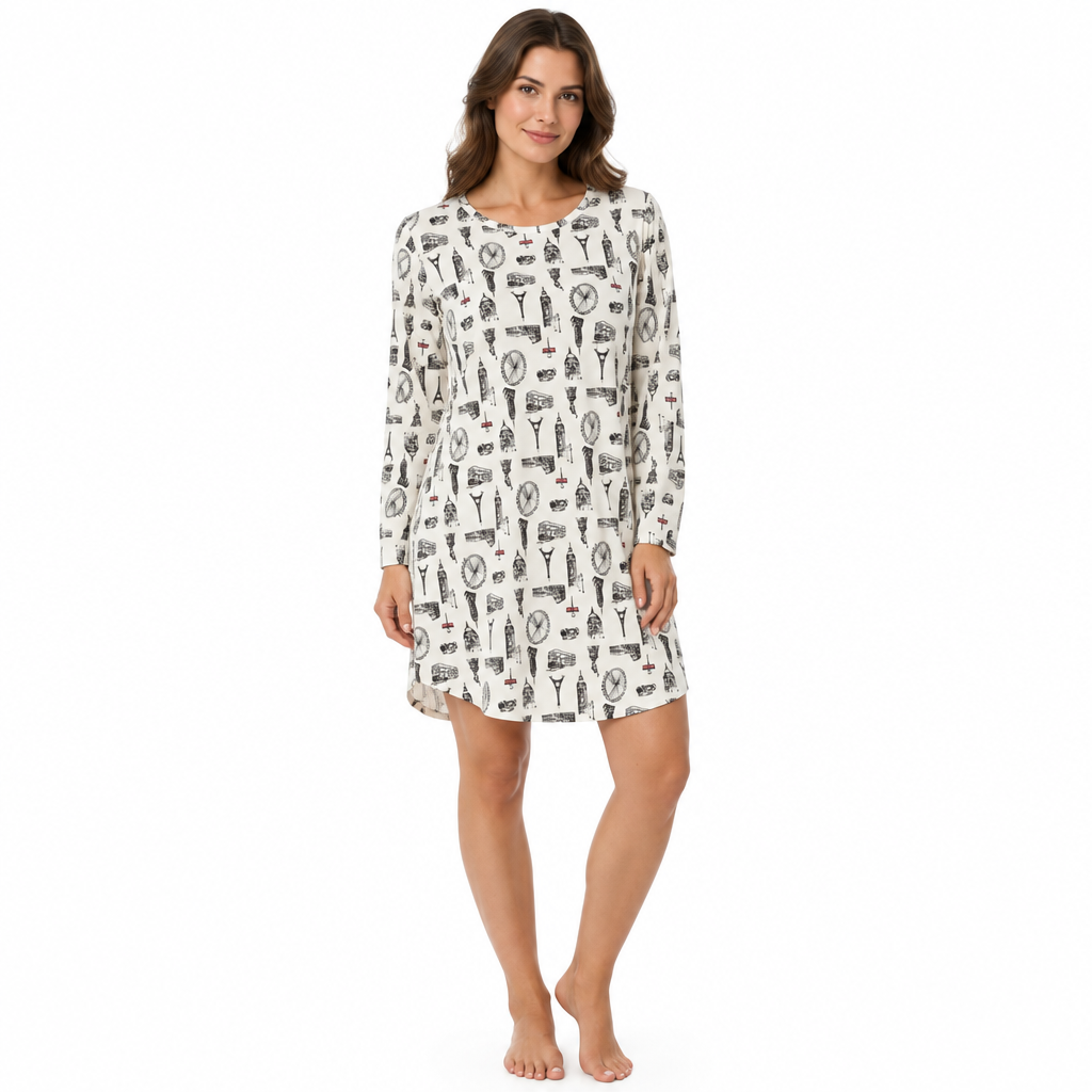 Camicia da notte da donna in jersey a maniche lunghe con stampa Nera e Avorio