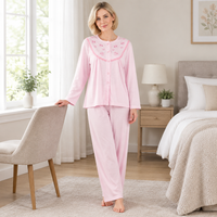 Women’s Brushed Pyjama Set with Floral Embroidery, Pink & Aqua