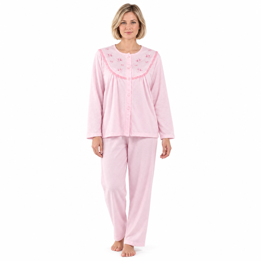 Women’s Brushed Pyjama Set with Floral Embroidery, Pink & Aqua