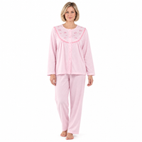 Women’s Brushed Pyjama Set with Floral Embroidery, Pink & Aqua