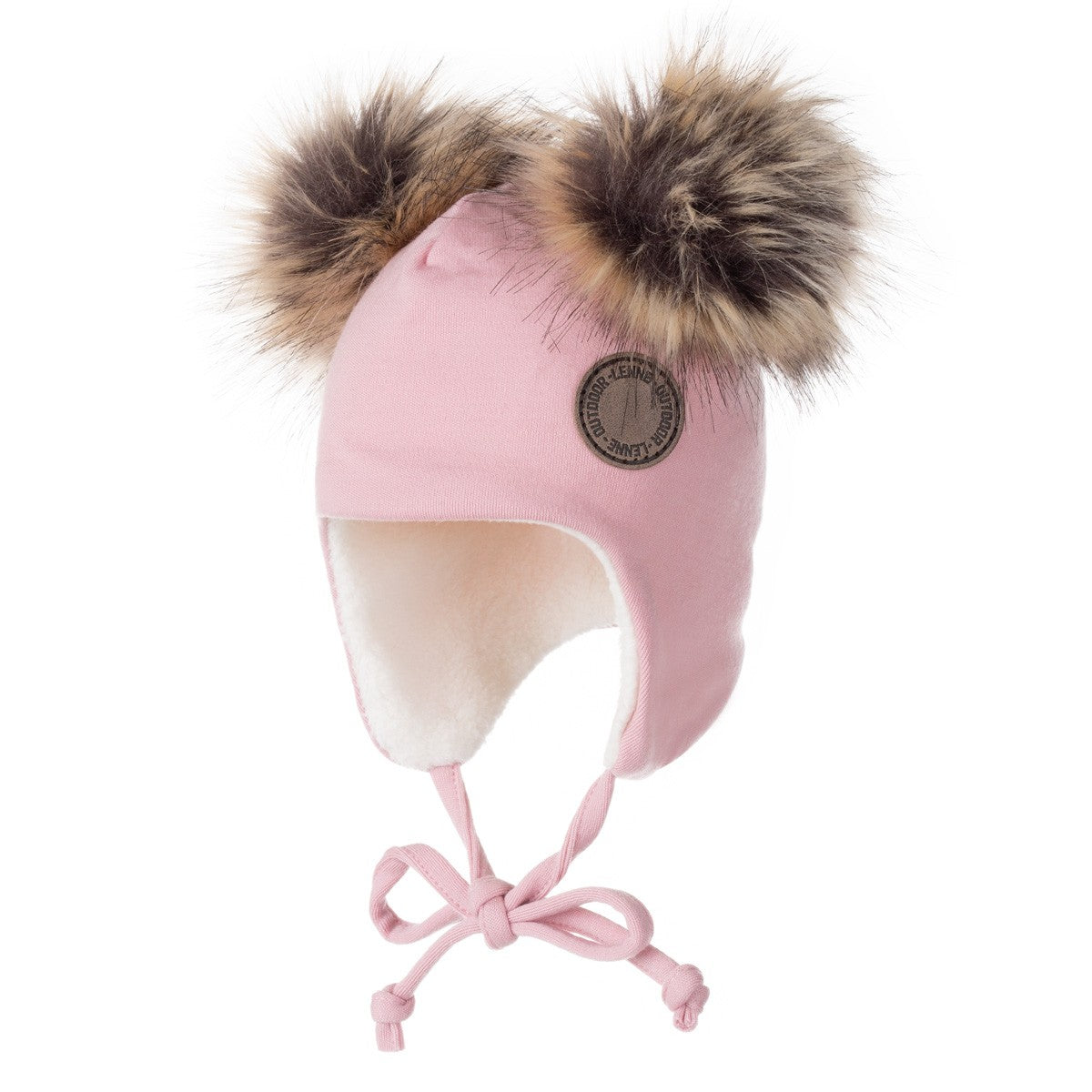 Pink Merino Wool Baby Hat with Faux-Fur Pompoms