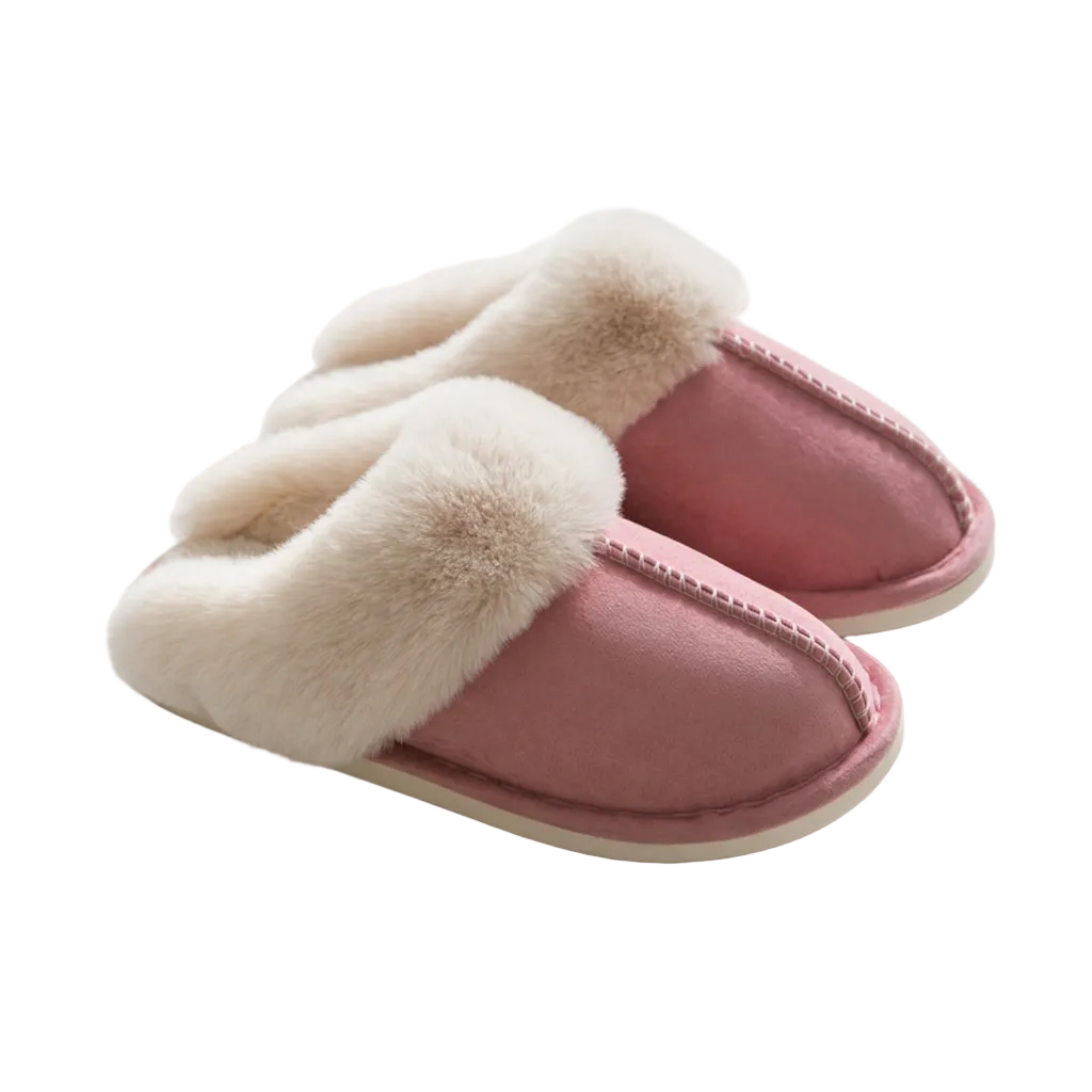 A pair of pink slip-on house slippers with thick cream faux-fur trim, photographed on a clean white background.