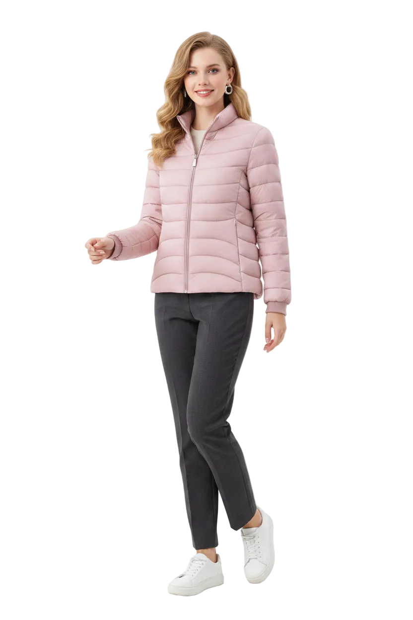 A woman modeling a light pink puffer jacket, dark gray pants, and white sneakers against a plain white studio background.