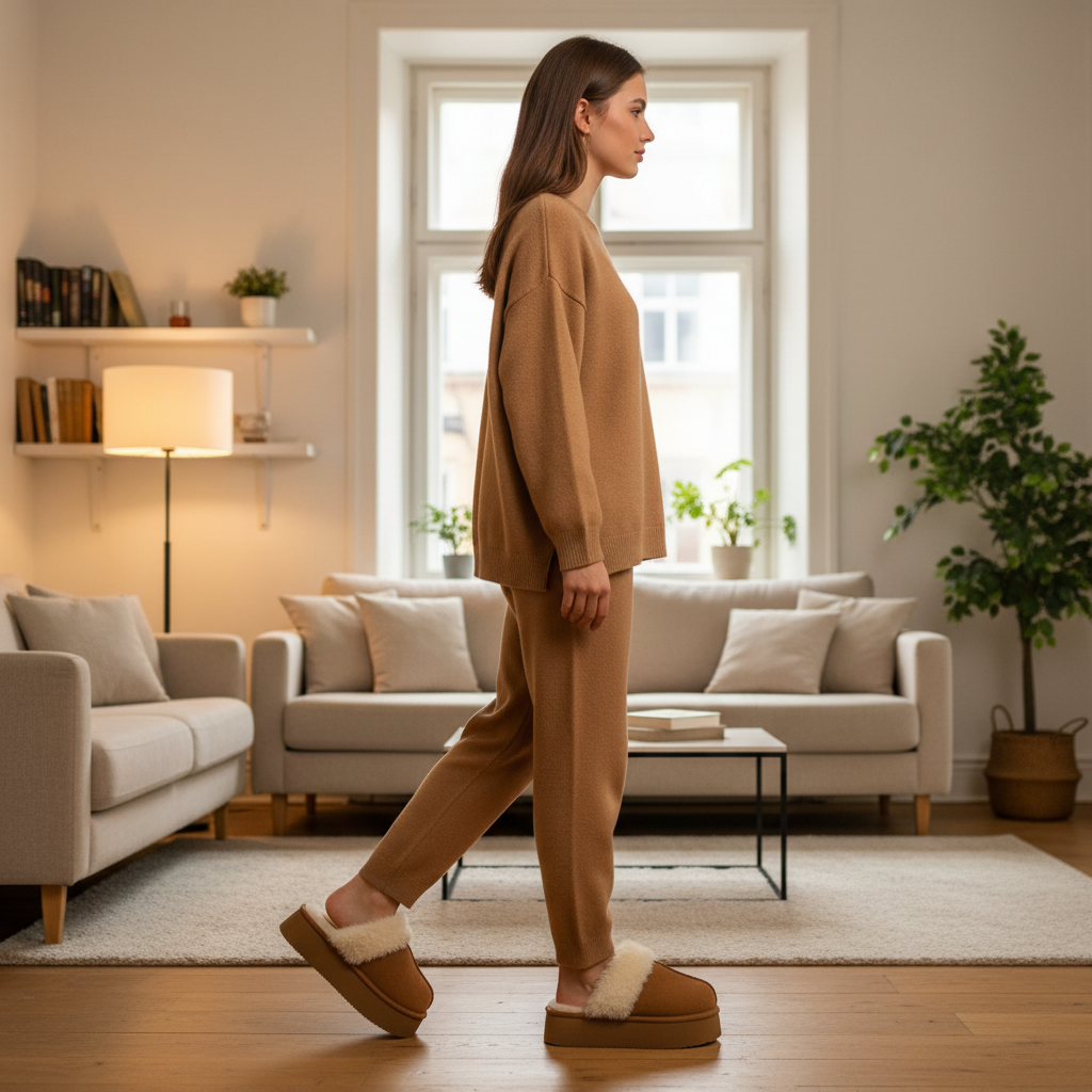 A woman wearing a matching beige knit lounge set and brown platform slippers with white faux-fur trim walks through a modern, sunlit living room with beige sofas, a coffee table, and a large window.