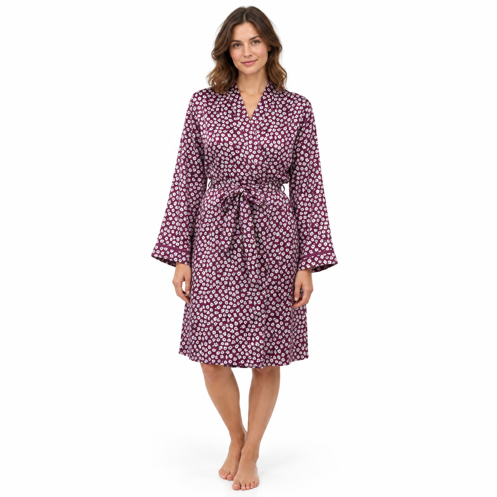 Womens Satin Kimono Luxury Silk Touch Dressing Gown Plum Blue Steel