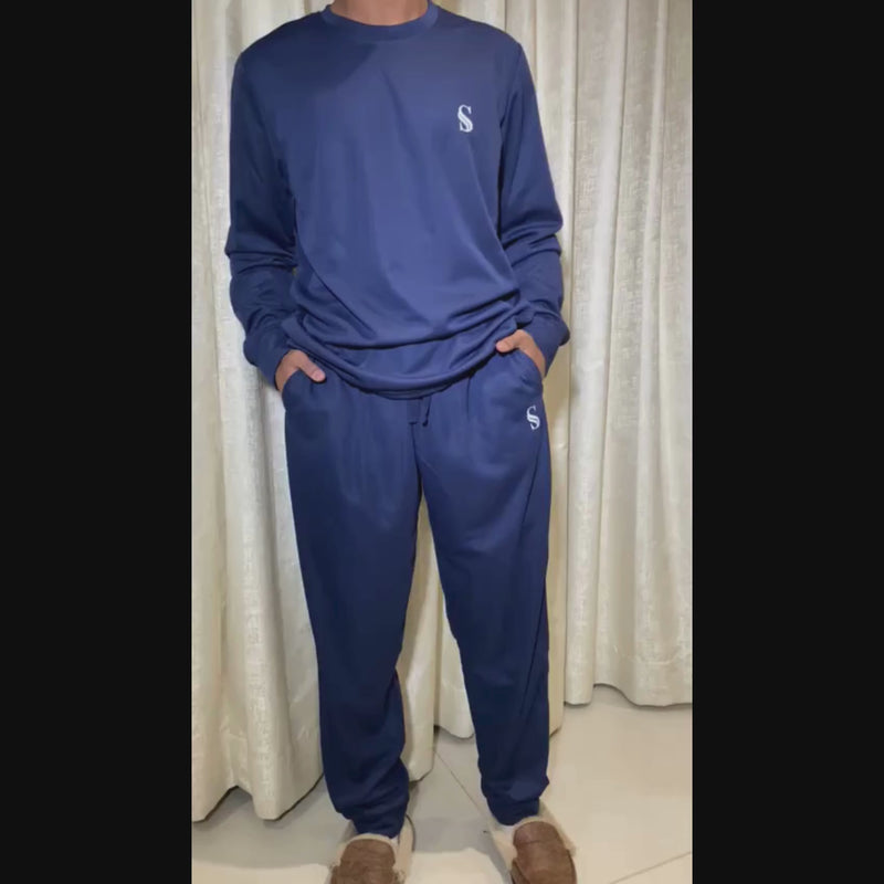 Men's Brushed Navy Pyjama Set, Jogger Style Luxury Loungewear