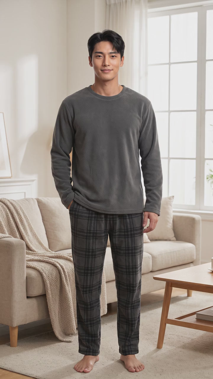 Fluffy Fleece Pajamas for Men – Grey Check Cozy Thermal Pajama Set for Ultimate Comfort