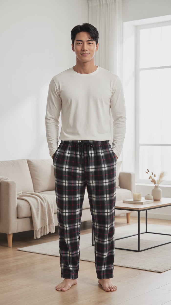 Men's Fleece Loungewear Pants - Black Red Pajama Bottoms for Ultimate Comfort and Style