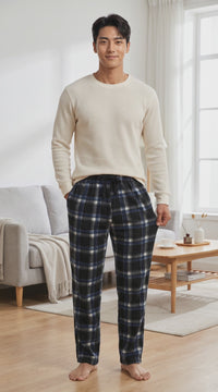 Men's Blue Black Fleece Pyjama Bottoms - Comfortable Lounge Pants