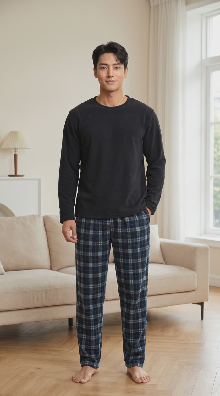 Men's Fleece Pyjama Set - Black Long Sleeve Loungewear