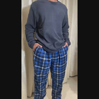 Mens Thermal Fleece Pyjama Set, Luxury Long Sleeve Pyjamas Navy Checked