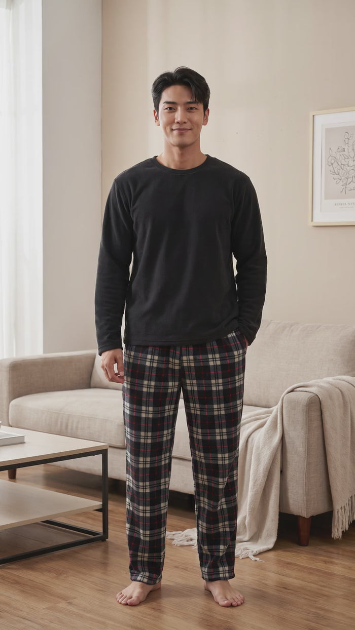 Men's Thermal Fleece Pyjama Set in Black and Red Long Sleeve Design