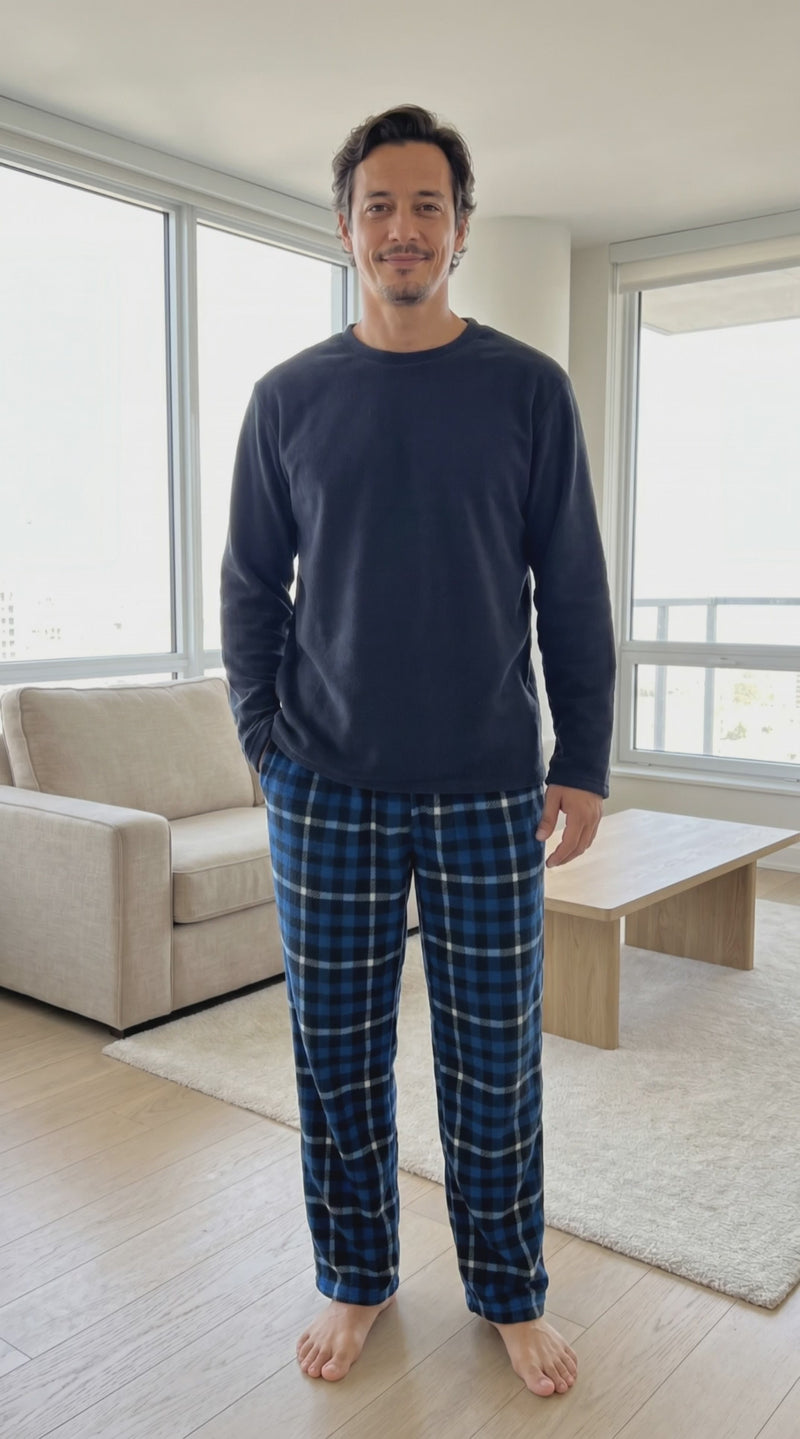 Luxury Navy Check Fleece Pajamas - Men's Warm Winter Pyjama Set