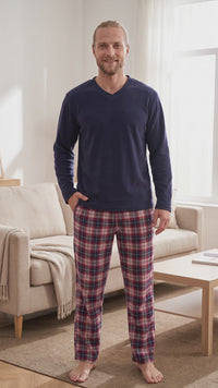 Men's Fleece Pajama Set - Long Sleeve Top with Cotton Flannelette Pants