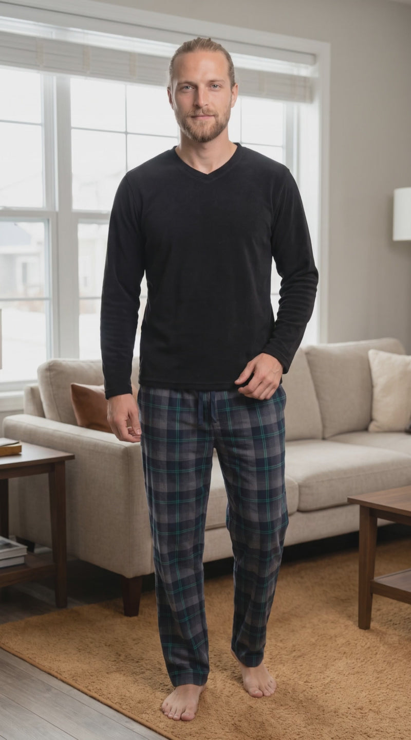 Men's Checkered Pyjamas Loungewear with Fleece Top and Cotton Bottoms