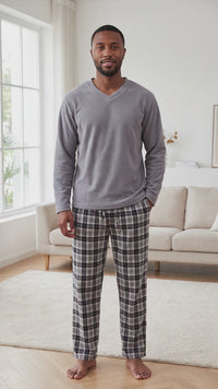 Men's Fleece Pyjama Sets Cozy Grey Top with Black Cotton Bottoms